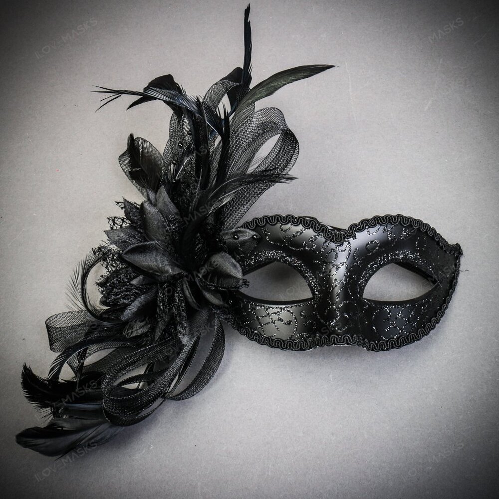 Venetian Black Side Mesh Flower Glitter Women Eyes Masquerade Party Face Mask
